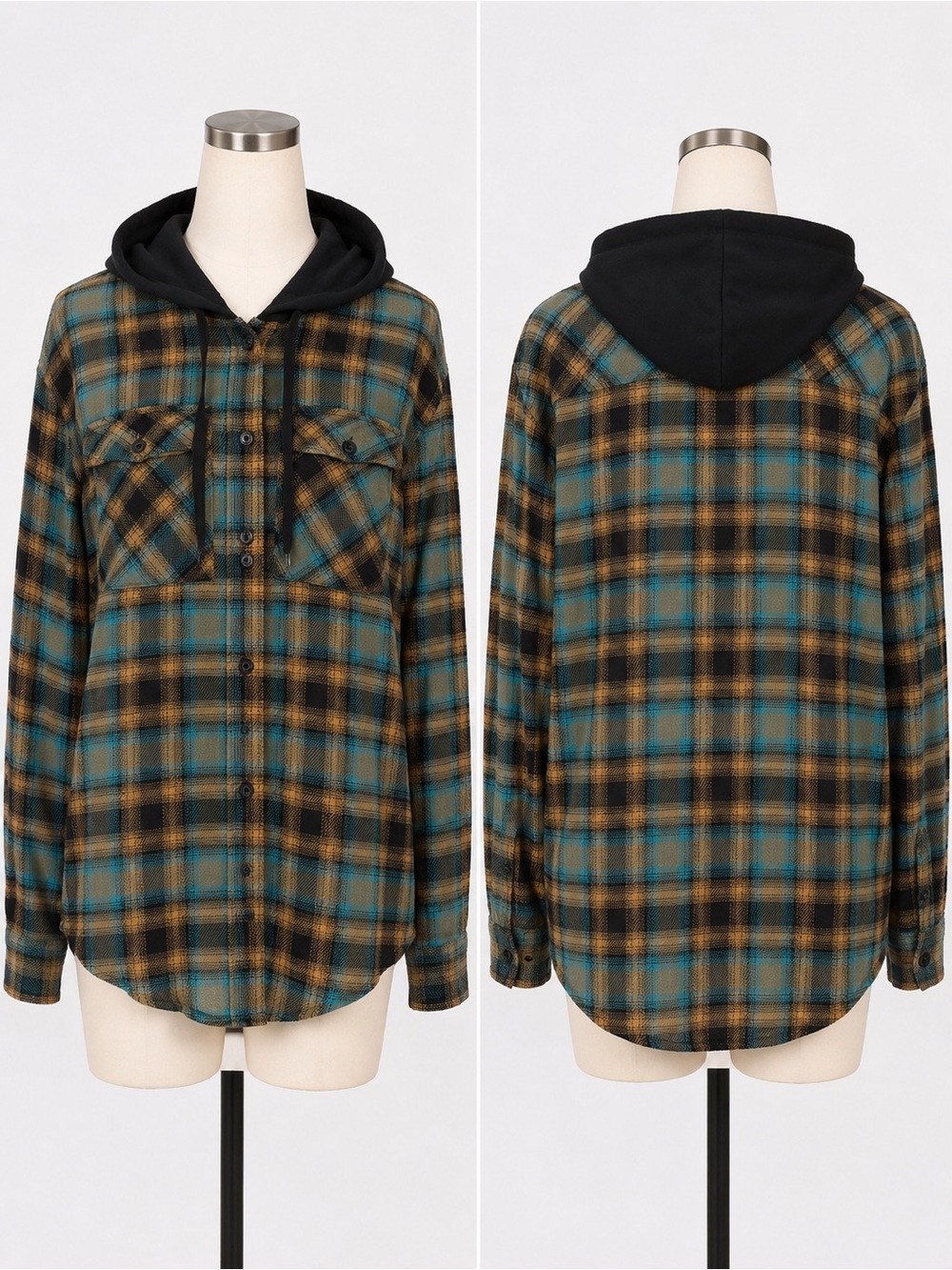 No Boundaries Hooded Plaid Flannel Shirt Jacket XS Oversized